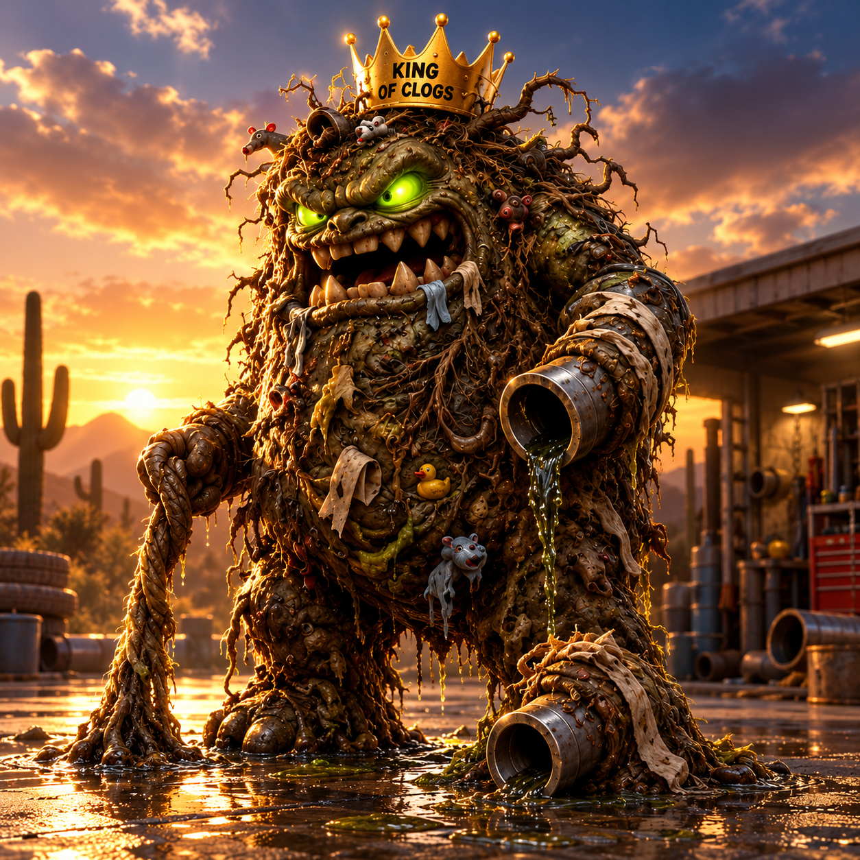 The Clog Monster, a crowned creature made of drain buildup